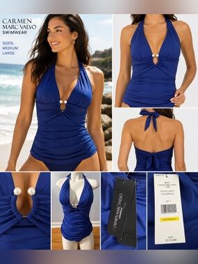 Carmen Marc Valvo Royal Blue Halter Tankini Swim Top NWT Pearl Detail M/L